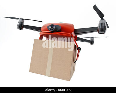 Drone senza pilota che trasportano il box di carico. 3D'illustrazione. Foto Stock