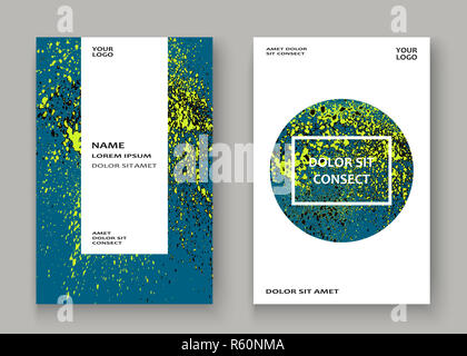 Neon di esplosione di spruzzi di vernice di copertura artistica di progetto del telaio. Giallo decorativo Spray antispruzzo texture luce blu sullo sfondo. Alla moda di vettore di modello di relazione di copertura Catalogo Brochure Flyer Banner Poster Foto Stock