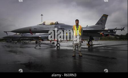 Airman 1. Classe Joe Pearson, un capo equipaggio con la 421st Fighter Wing da Hill Air Force Base in Utah, sorge sulla linea di volo di fronte al suo F-16 Fighting Falcon, 28 aprile a Albacete Air Base, Spagna. Il Fighter Squadrons dal 388 FW e riservare 419th FW vengono implementate per partecipare nella formazione di volo con altri alleati NATO forze dell'aria. Questa formazione congiunta il focus è quello di preparare i leader del volo per diventare coalition air force missione comandanti e ricevere una formazione pratica in Tactical air operations per sviluppare aerei internazionali di competenze con i nostri alleati della NATO. Il 466th Fighter Sq Foto Stock