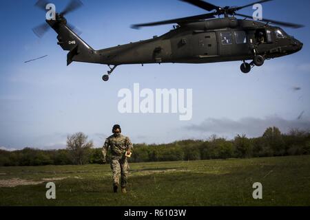 Stati Uniti Marine Sgt. Viktor Cadiente, un osservatore in avanti con il Mar Nero La forza di rotazione 17.1, chiamate in sbarco di una U.S. Esercito UH-60 Blackhawk elicottero durante l'esercizio Platinum Eagle 17.2 a Babadag Area Formazione, Romania, 30 aprile 2017. Marines con BSRF Marine e la forza di rotazione Europa 17.1 terrà una classe con soldati del Montenegro oltre l'atterraggio di elicotteri per casualty evacuazioni per migliorare le competenze e l'interoperabilità. Partnership formata da esercizi di multinazionali come questo e di strutture militari impegni di formazione sono di fondamentale importanza nel trattare le questioni regionali e di mantenimento della pace io Foto Stock