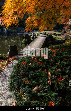 Yasukuni Shinchi Teien stagno sacro giardino - Questo caminare garden è stato creato nei primi epoca Meiji. Il suo elemento centrale è una piccola cascata che si trova a i Foto Stock