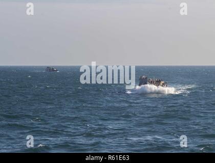 Golfo Arabico (nov. 26, 2018) Landing Craft Utility, attaccato al mestiere di assalto unità 1, il transito del Golfo Arabico durante una regolare distribuzione programmata dell'Essex anfibio gruppo pronto (ARG) e xiii Marine Expeditionary Unit (MEU). L'Essex ARG/XIII MEU è flessibile e persistente Navy-Marine Corps team distribuito negli Stati Uniti Quinta Flotta area di operazioni a sostegno di operazioni navali per garantire stabilità marittimo e la sicurezza nella regione centrale, il collegamento per i paesi del Mediterraneo e del Pacifico attraverso l'Oceano Indiano occidentale e tre strategici punti di strozzatura. Foto Stock