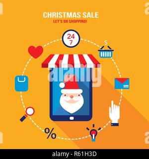 Tablet con Babbo Natale sullo schermo e shopping web icone E-commerce Illustrazione Vettoriale