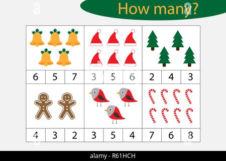 Il numero di conteggio di gioco con le immagini di Natale per i bambini, istruzione matematica task per lo sviluppo del pensiero logico, foglio di lavoro in età prescolare attività, Illustrazione Vettoriale