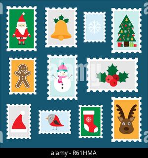 Colorate differenti timbri di Natale per i bambini in età prescolare divertenti attività per i bambini, lettera a Babbo Natale, set di adesivi, vettore Illustrazione Vettoriale