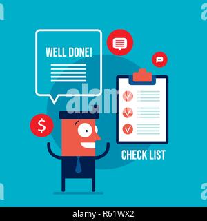 Happy businessman eccitato con la lista di controllo del successo aziendale concetto illustrazione vettoriale Illustrazione Vettoriale