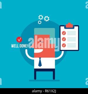 Happy businessman eccitato con la lista di controllo del successo aziendale concetto illustrazione vettoriale Illustrazione Vettoriale