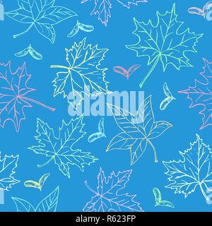 Aceri di foglie colorate e samaras, seamless pattern design, disegnati a mano doodle in sfondo blu, schizzo in pop art style, Illustrazione a colori Foto Stock