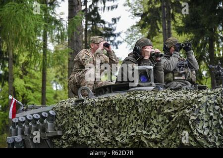 Soldati austriaci con il Bundesheer plotone e U.S. Soldati con 173rd Brigata Aerea, eseguire una chiamata per incendio, durante l'Europa forte sfida del serbatoio (SETC), al settimo Esercito di formazione il comando Grafenwoehr Area Formazione, Grafenwoehr, Germania, 8 maggio 2017. L'Europa forte sfida del serbatoio (SETC) è co-ospitato da U.S. Europa dell'esercito e dell'esercito tedesco, può 7-12, 2017. Il concorso è destinato a sporgere una presenza dinamica, favorire il partenariato militare, promuovere l interoperabilità, e fornisce un ambiente per la condivisione di tattiche, le tecniche e le procedure. Plotoni da sei NATO e partner na Foto Stock