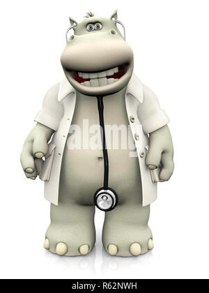 Un sorridente cartoon hippo vestito come medico. Sfondo bianco. Foto Stock