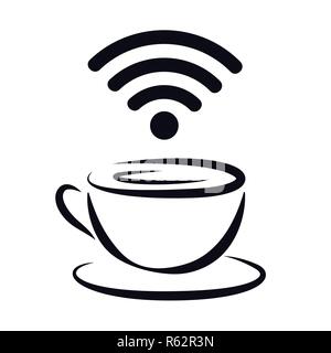 La connessione internet wireless gratuita zona icona con tazza di caffè e segnale wireless a delineare illustrazione vettoriale EPS10 Illustrazione Vettoriale