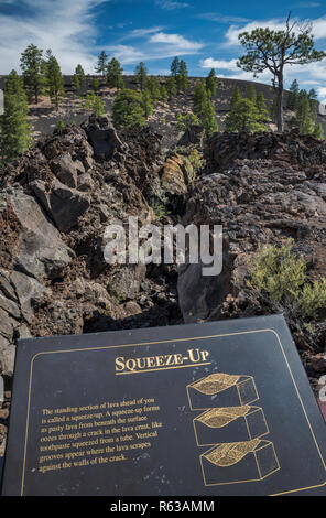 Segno a squeeze-sezione fino a Bonito flusso lavico, Tramonto Cratere di Vulcano monumento nazionale, Arizona, Stati Uniti d'America Foto Stock