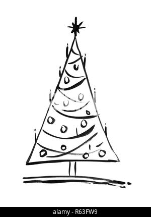 Inchiostro nero Grunge artistico disegno a mano di albero di Natale Foto Stock