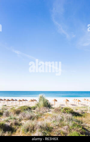 Di foglie di palma ombrelloni da spiaggia su una spiaggia deserta visto da una duna a alvor, algarve, portogallo Foto Stock