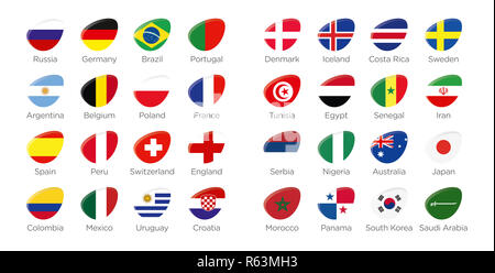 Moderna icona ellisse simboli dei paesi partecipanti al torneo di calcio in Russia Foto Stock