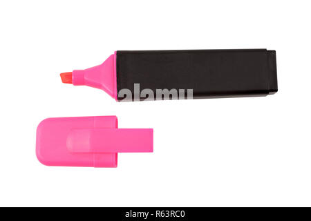 Fluorescente rosa testo e grafica evidenziatore con cappuccio, isolato su bianco con percorso di clipping. Foto Stock