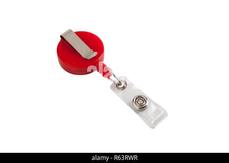 Rosso in plastica porta badge clip, isolato su bianco con percorso di clipping. Foto Stock