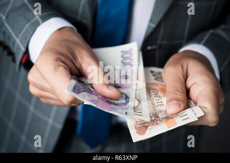 Primo piano di un giovane imprenditore caucasico, indossando un elegante abito grigio, contare alcune Czech Koruna banconote Foto Stock