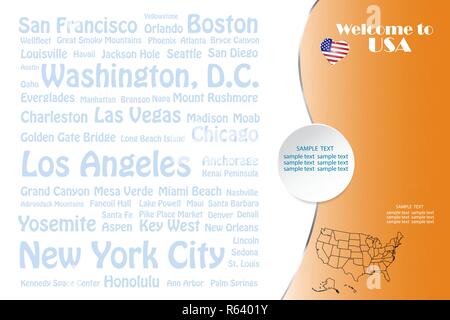 USA viaggio concetto con aereo, mappa e emblema dello stato degli STATI UNITI D'AMERICA nel lato destro del vettore. Nomi trasparente delle più famose destinazioni di noi Illustrazione Vettoriale