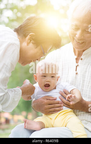 Nonni giocando con il nipote all'esterno. Foto Stock