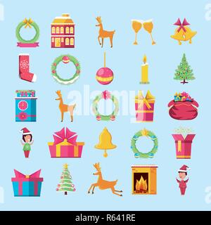 Felice Natale allegro set di icone illustrazione vettoriale design Illustrazione Vettoriale