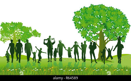 Allegro insieme le famiglie nel parco, illustrazione Foto Stock