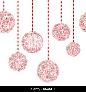 Vettore senza cuciture decorative di Natale con bordo rosso sfera albero giocattolo di floral doodle elementi su sfondo bianco. Natale frontiera senza giunture Illustrazione Vettoriale