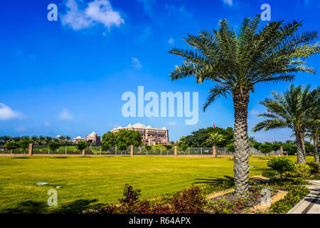 Abu Dhabi Emirates Palace con agganciato il verde erba e Palm Tree Foto Stock