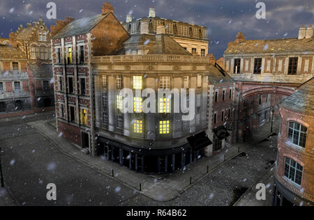 3D render di un inverno scene di strada al tramonto con il XIX secolo gli edifici della città Foto Stock