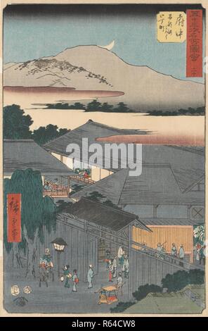 Fuchu: il secondo blocco del trimestre Miroku vicino al fiume Abe, n. 20 dalla serie collezione di illustrazioni di luoghi famosi vicino le stazioni Fifty-Three [lungo il Tokaido]. Data: settimo mese 1855. Dimensioni: 36 cm x 23 cm. Museo: Van Gogh Museum di Amsterdam. Autore: HIROSHIGE, UTAGAWA. Foto Stock