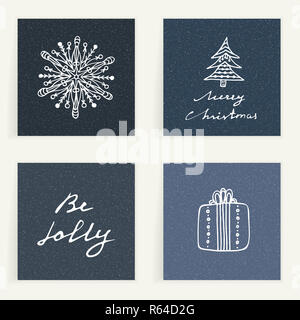 Set di quattro carte. Disegnata a mano regali sul blu backgrouns testurizzato. Vacanze invernali. I regali di Natale. Migliori auguri Foto Stock