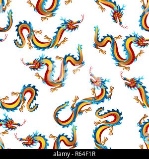 Modello senza cuciture con draghi cinesi. Cinese tradizionale simbolo. Asian mitologici animali a colori. Illustrazione Vettoriale