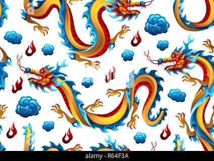 Modello senza cuciture con draghi cinesi. Cinese tradizionale simbolo. Asian mitologici animali a colori. Illustrazione Vettoriale