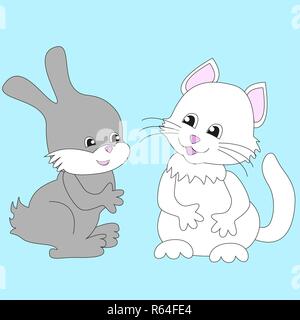 Simpatico coniglietto grigio e bianco carino gattino isolato con sfondo blu. Illustrazione Vettoriale