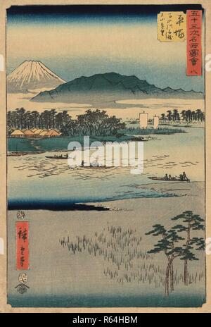 Hiratsuka: navi traghetto sul Fiume Banyu, Mount Oyama in distanza, n. 8 Dalla serie collezione di illustrazioni di luoghi famosi vicino le stazioni Fifty-Three [lungo il Tokaido]. Data: settimo mese 1855. Dimensioni: 36 cm x 23 cm. Museo: Van Gogh Museum di Amsterdam. Autore: HIROSHIGE, UTAGAWA. Foto Stock