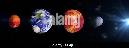 L'interno roccioso pianeti del sistema solare di Mercurio, Venere, Terra e Marte il confronto delle dimensioni Foto Stock