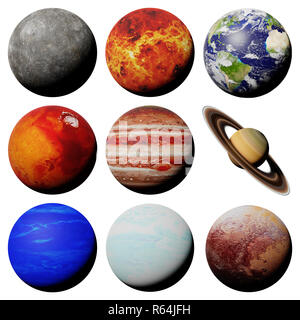 I pianeti del sistema solare isolato su sfondo bianco Foto Stock