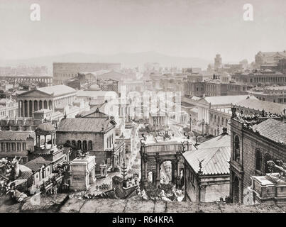 Il Foro Romano, centro del Palatino (a destra) e il Colosseo (sullo sfondo a sinistra) come essi possono avere apparve a Roma nel 312 d.c. Dopo una sezione di un dipinto panoramico di Roma creato dal Professor J. Bühlmann e Alexander Wagner e pubblicato in leporello, o fold-out, forma del libro a Monaco di Baviera, 1892, intitolata Das alte Rom mit dem Triumphzuge Kaiser Constantin's im Jahre 312 Foto Stock