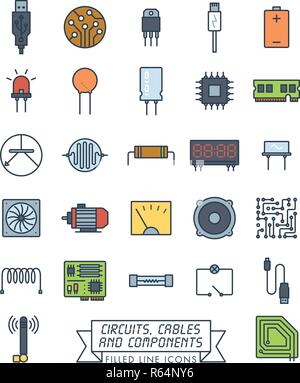 Raccolta di componenti elettronici, circuiti e vettore di cavi riempito le icone della linea. La microtecnologia simboli di colore. Illustrazione Vettoriale