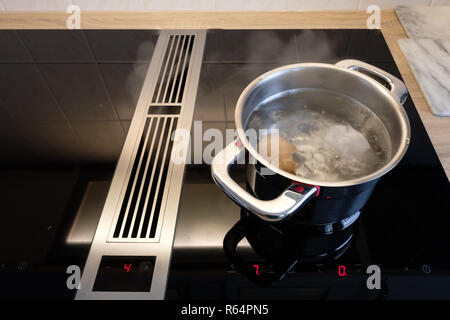 Pentola con acqua bollente sul fornello a induzione Foto stock - Alamy