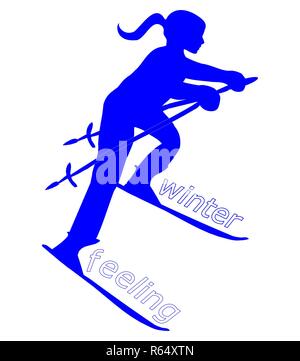 Sensazione di inverno - blu Silhouette di donna sciatore â€" illustrazione Foto Stock
