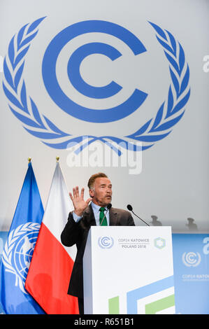 Austrian-American attore ed ex governatore della California Arnold Schwarzenegger visto parlare durante la cerimonia di apertura della conferenza del COP24 Conferenza ONU sui Cambiamenti Climatici 2018. Foto Stock