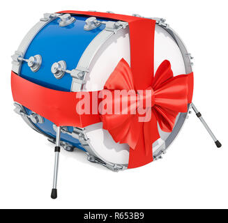 Bass Drum con fiocco e nastro, dono del concetto. 3D rendering isolati su sfondo bianco Foto Stock