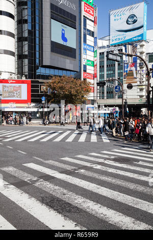 Die weltberühmte Alle-Gehen-Kreuzung von Shibuya im Zentrum von Tokio, muoiono in Spitzenzeiten von bis 15000 Menschen pro Ampelschaltung überquert wird Foto Stock