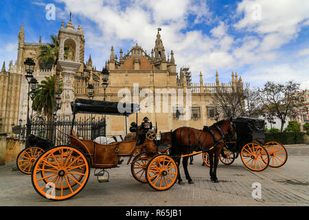 Cattedrale di Siviglia - Santa Maria del vedere - Vista esterna con i tradizionali cavalli e carri. Foto Stock