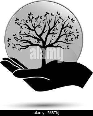 Mano con icona di albero. È possibile utilizzare per la natura cura logo logo ecologia e salute logo. Illustrazione Vettoriale