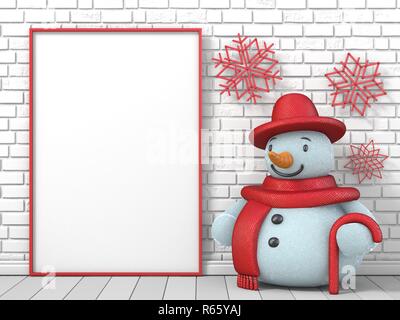 Mock up blank picture frame, pupazzo di neve e ghiaccioli rosso bastoncini di fiocchi di neve in 3D Foto Stock