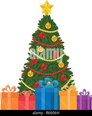 Decorazione per albero di Natale, confezioni regalo sotto l'albero illustrazione vettoriale su sfondo bianco, Anno nuovo foto Illustrazione Vettoriale