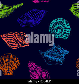 Conchiglie di mare varietà, seamless pattern design, disegnati a mano doodle, schizzo in pop art style, Illustrazione a colori al neon luminoso sfondo blu scuro Foto Stock