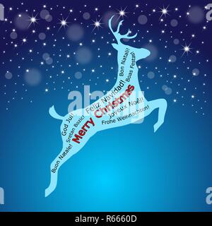 Blu gloosy Merry Christmas wordcloud su un - di renne - illustrazione Foto Stock